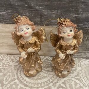 Vintage Gold Cherub Angel Christmas Ornaments Set of 2 Holiday Decor Figurine